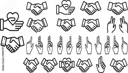 A set of black line icons depicting various handshakes and gestures on white background