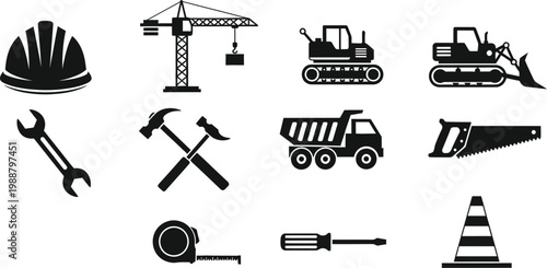 Construction site machinery silhouettes provide a clear industrial.