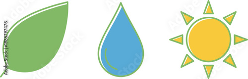 Icons representing nature elements include a green leaf, water drop.