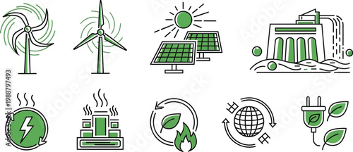 Renewable energy icons represent sustainable power sources for global.