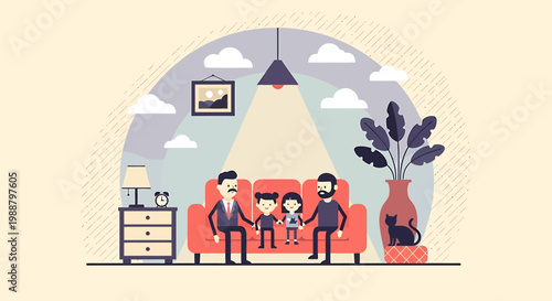 Happy family enjoying leisure time together on a comfortable sofa.