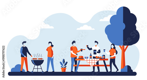 People enjoying a summer barbecue party outdoors.