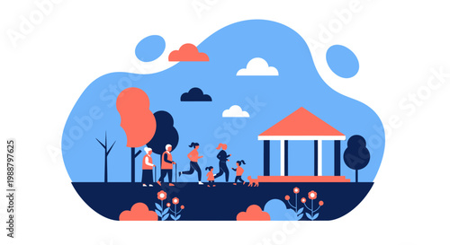 People enjoying a day in the park with trees and a gazebo.