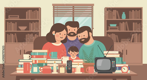 Happy family gathered together in a cozy living room setting.