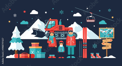 Winter Mountain Scene with Snow Groomer and Ski Gear.