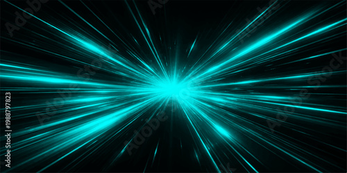 vibrant energy burst, depicting a photorealistic explosion of cyan light, radiates from a central point against a black backdrop, creating a visually dynamic scene.