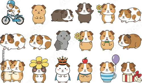 Colorful vector illustration of cute guinea pigs in playful scenarios symbolizing charm and imagination