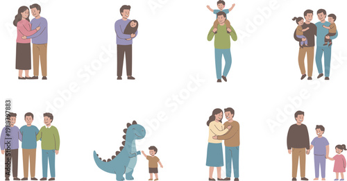 Colorful vector illustration of family scenes symbolizing relationships and togetherness