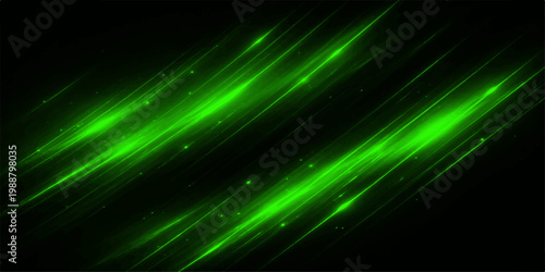 Dynamic green light streaks on a black backdrop create an energizing visual, perfect for conveying movement and technological innovation.