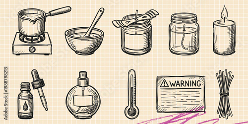Black ink scribble doodle vector vintage hand drawn illustration of DIY candle and soap making craft. Melting pot, wax, oils, and handmade tools set.