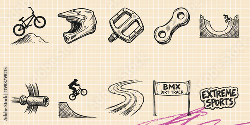 Black ink scribble doodle vector vintage hand drawn set of BMX extreme sports. Bicycle, helmet, pedal, track, and riding elements illustration.