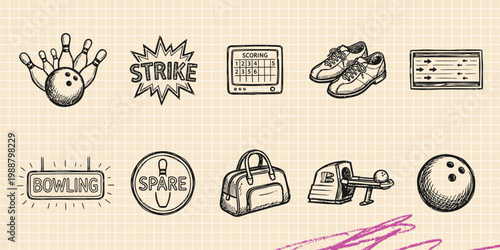 Black ink scribble doodle vector vintage hand drawn set of bowling sport elements. Strike, pins, bowling ball, shoes, and score card illustration.