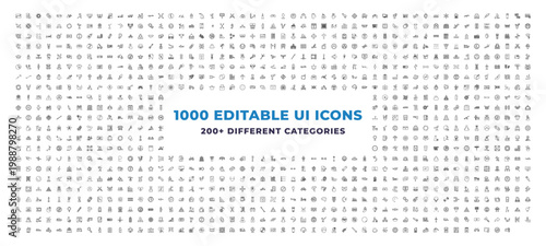Mega Set of 1000 outline icons - walking downstairs, man pushing child, phone toy. editable vector for web and mobile ui. Multipurpose collection