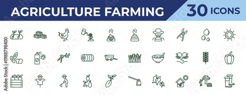 outline agriculture farming icons set - manure, bread, harvest. editable vector for web and mobile ui