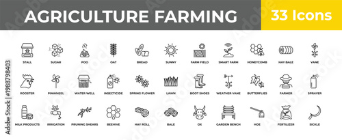 outline agriculture farming icons set - water well, irrigation, sickle. editable vector for web and mobile ui