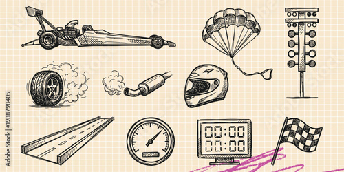 Black ink scribble doodle vector vintage hand drawn illustration of drag racing motorsport. Race car, parachute, starting lights, and speed elements.