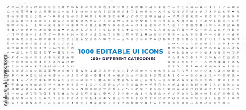 Mega Set of 1000 outline icons - group of men running, increase success, windy earth. editable vector for web and mobile ui. Multipurpose collection