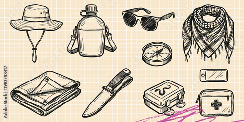 Black ink scribble doodle vector vintage hand drawn set of safari and hiking adventure gear. Hat, canteen, pocket knife, and survival equipment.
