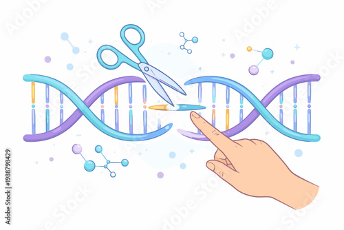 CRISPR Gene Editing Concept Illustration with DNA Double Helix, Scissors Cutting Genetic Material, and a Hand Pointing to a New Segment. Biotechnology and Genetic Engineering Vector Graphic.