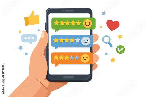 Hand holding a smartphone with customer feedback rating messages on screen, five star reviews with happy and sad emoji faces, online reputation management and consumer satisfaction concept vector.