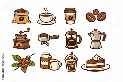 Hand-Drawn Coffee Icon Set with Roasted Beans, Manual Grinder, Moka Pot, French Press, Espresso Cup, Takeaway Coffee, Milk, and Cake. Simple Flat Vector Illustrations for Cafe Menus and Branding.
