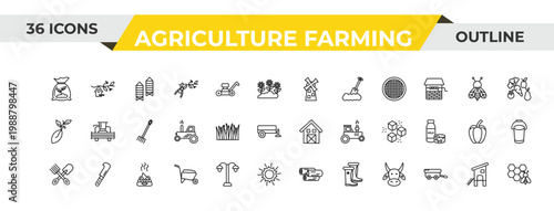outline agriculture farming icons set - flour mill, lawn, poo. editable vector for web and mobile ui