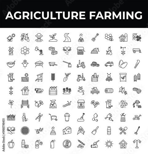 outline agriculture farming icons set - flour mill, vane, capsicum. editable vector for web and mobile ui