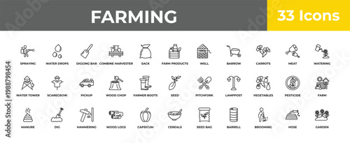 outline farming icons set - pickup, dig, garden. editable vector for web and mobile ui