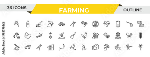 outline farming icons set - carrots, plant sprout, pruners. editable vector for web and mobile ui