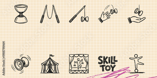 Black ink scribble doodle vector vintage hand drawn illustration of skill toys and juggling. Diabolo, yo-yo, magic trick, and circus tent elements.