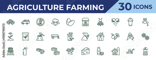outline agriculture farming icons set - stall, smart farm, hay. editable vector for web and mobile ui