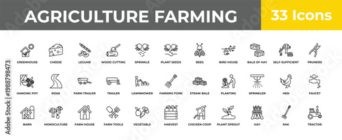 outline agriculture farming icons set - farm trailer, monoculture, tractor. editable vector for web and mobile ui