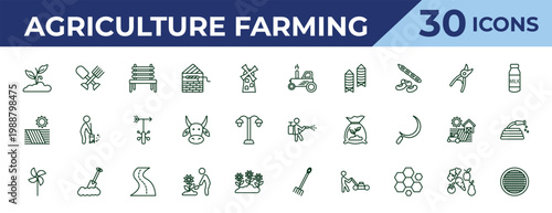 outline agriculture farming icons set - harvester, farm field, pinwheel. editable vector for web and mobile ui