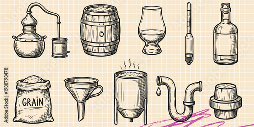 Black ink scribble doodle vector vintage hand drawn set of home brewing and distilling. Barrel, glass, alcohol bottle, and grain sack elements.