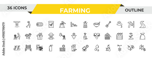 outline farming icons set - composter, watering, hanging pot. editable vector for web and mobile ui