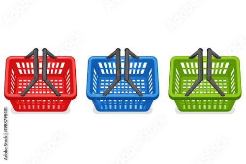 Set of three empty plastic shopping baskets in vibrant red, blue, and green colors. Isometric top view of supermarket grocery baskets with black handles. Vector illustration for retail and commerce.