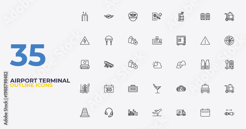 outline airport terminal icons set - identification badge, flight panel, airplane security belt. editable vector for web and mobile ui
