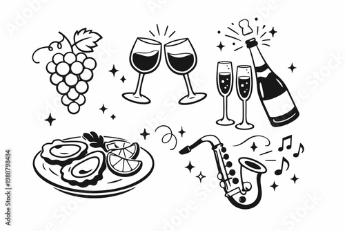 Hand-drawn festive celebration icons set with grapes, clinking wine glasses, popping champagne bottle, oysters with lemon, and saxophone with music notes for luxury party and event design.