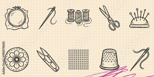 Black ink scribble doodle vector vintage hand drawn illustration of sewing and embroidery craft. Hoop, needle, thread, scissors, and tailor supplies.