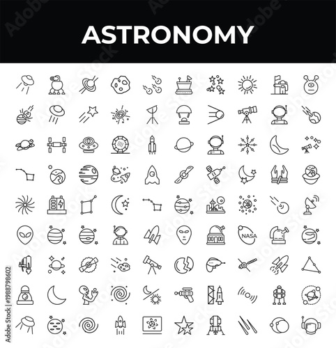 outline astronomy icons set - space collision, milky way, big ufo. editable vector for web and mobile ui
