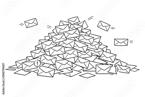 Vector line art illustration of a massive pile of mail envelopes with notification icons, symbolizing email overload, communication backlog, busy inbox, and overwhelming message volume.