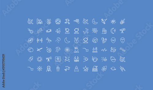 outline astronomy icons set - neptune with satellite, astronaut ingravity, big bang. editable vector for web and mobile ui