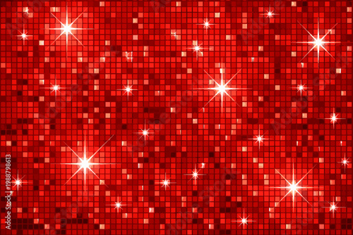 Red Disco Ball Mosaic Pattern with Shimmering Sequin Tiles and Sparkling White Star Flares, Vibrant Scarlet Grid Texture for Glamorous Party Decor, Festive Celebration and Nightlife Design.