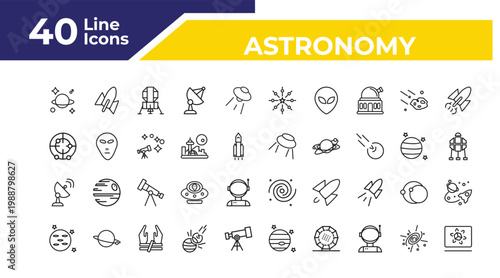 outline astronomy icons set - radar pointing up, radar system, neptune with satellite. editable vector for web and mobile ui