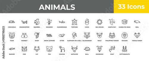 outline animals icons set - wasp, pike, rabbit. editable vector for web and mobile ui