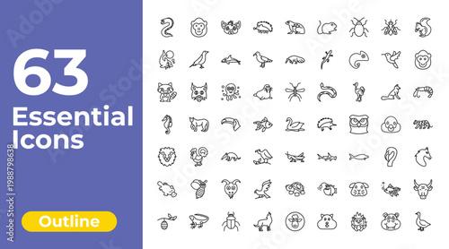 outline animals icons set - hegdehog, anteater, bull. editable vector for web and mobile ui