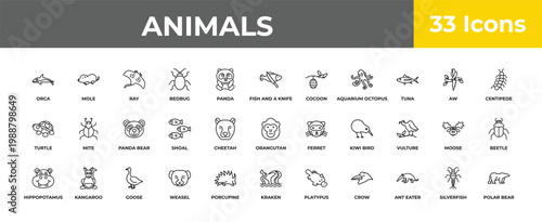 outline animals icons set - panda bear, kangaroo, polar bear. editable vector for web and mobile ui