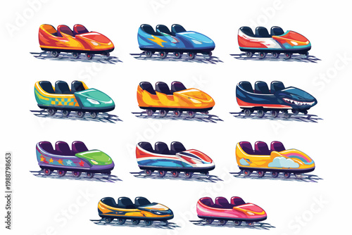 Set of colorful roller coaster cart icons for amusement park thrill rides. Vector illustrations of speed and adventure symbols for theme park attractions, carnivals, and entertainment designs.