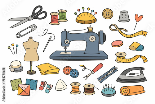 Hand Drawn Doodle Style Sewing and Tailoring Tools Vector Illustration Set Featuring a Vintage Sewing Machine, Scissors, Thread Spools, Pincushion, Buttons, Measuring Tape, Iron, and Fabric Scraps