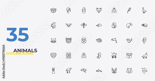 outline animals icons set - crow, squid, manta ray. editable vector for web and mobile ui